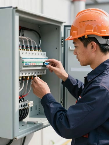 Professional electrician in uniform and safety helmet inspecting a clean modern electrical panel, bright natural daylight, technical detail, 35mm lens