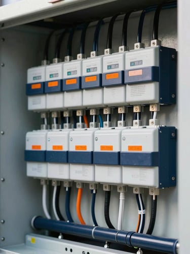 Close-up of a highly organized industrial electrical panel with neat wiring, bright natural daylight, technical details, safety orange accents, 35mm lens
