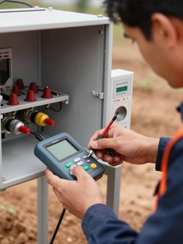 Close-up técnico de um engenheiro eletricista com EPI realizando medição de aterramento de SPDA com terrômetro digital em campo, sob luz natural brilhante.