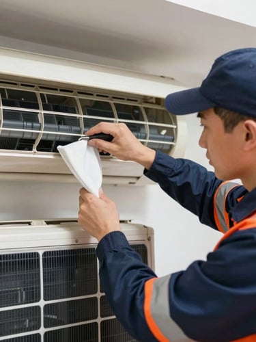 Professional technician in protective gear cleaning a split air conditioner evaporator unit, bright daylight, technical precision, deep navy and safety orange accents