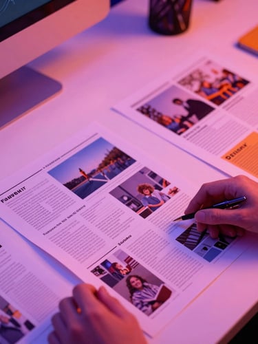 Overhead desk layout of a creative director reviewing printed newsletter drafts, vibrant ambient lighting with pink and violet highlights, sharp angled composition