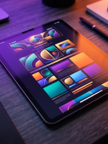 Vibrant editorial macro shot of a tablet screen displaying a beautifully formatted digital newsletter, high-contrast studio lighting with violet and orange gel highlights, sharp focus