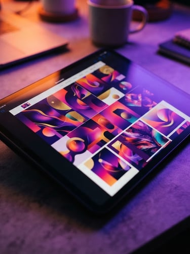 Macro shot of a modern tablet displaying a beautifully styled digital newsletter, vibrant ambient lighting with violet and orange highlights, sharp angled composition, 35mm