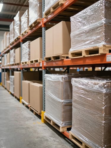 Close-up wide shot of organised warehouse shelving aisles, neatly stacked labelled cardboard boxes and bubble-wrapped furniture pieces on metal racks under bright fluorescent lighting, clean concrete floors visible, communicating scale and systematic order
