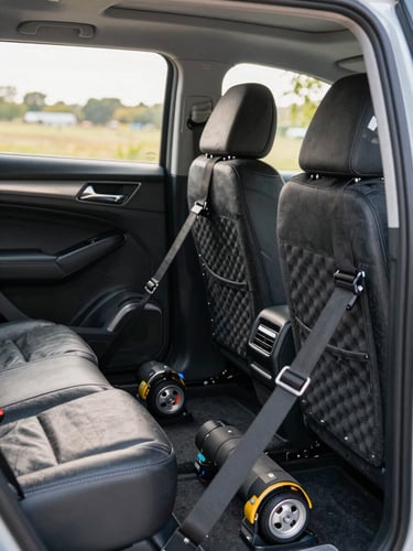 Close-up wide shot of a car secured inside an enclosed carrier with heavy-duty straps and wheel chocks, interior lighting revealing protective foam padding on door panels, natural daylight streaming through the carrier opening