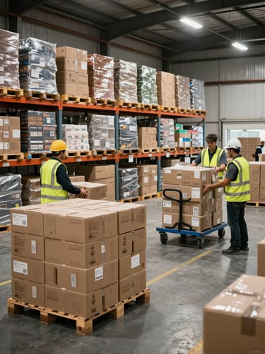 Wide environmental shot of a warehouse interior, stacked labeled boxes on pallets, workers in hi-vis vests loading a trolley under bright overhead lighting, organized rows of packed goods visible in the background