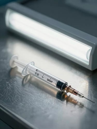 Extreme close-up of a syringe barrel lying flat on a stainless steel surface under institutional fluorescent light, legible batch number and DRAP registration stamp visible on the label, overhead framing, cool clinical white light, no hands, no background clutter