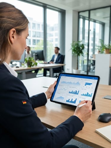 Bright modern office setting in Germany, over-the-shoulder shot of a consultant analyzing energy contract charts on a tablet, clean blue and white tones, sharp focus