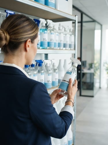 Bright corporate photography, over-the-shoulder shot of a professional manager inspecting clean, modern commercial cleaning products on a shelf, natural daylight, sharp focus.