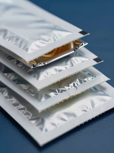 Extreme close-up of a multi-compartment sachet cross-section under studio strobes, showing three distinct sealed chambers with crisp seam lines and foil layers in sharp focus, deep blue background, engineered precision detail