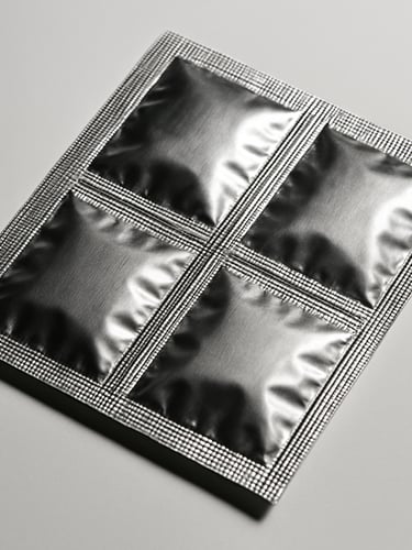 Overhead studio shot of a four-compartment sachet laid flat on a white surface, angled light revealing the raised seam ridges between chambers, foil material reflecting strobe highlights, engineering detail sharp and clinical