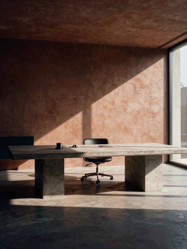 Wide architectural crop of a high-end minimalist concrete workspace, deep shadows, warm side-lighting from a large window, medium format film look