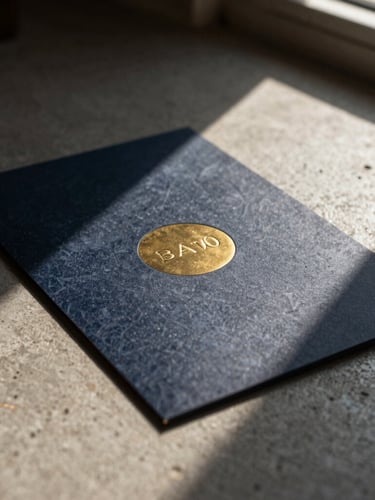 Macro close-up of a premium brass-embossed dark navy card on a textured concrete surface, dramatic warm side-lighting from a high window, deep shadows, medium format film.