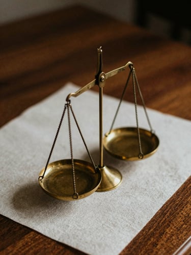 Macro close-up of a premium brass scale and heavy linen paper on a dark oak desk, warm dramatic side-lighting, deep shadows, medium format film