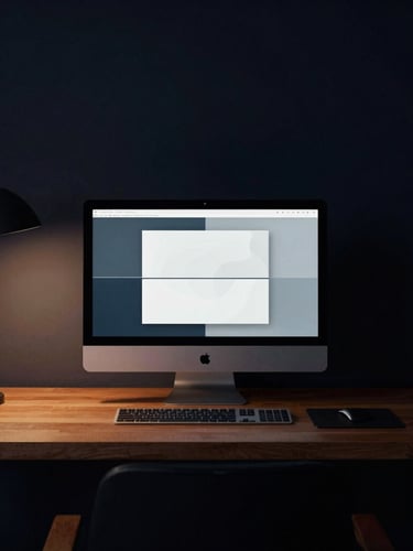A quiet, minimalist architectural workspace with a high-end display showing clean abstract interfaces, warm side-lighting, deep navy shadows, medium format film.