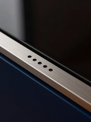 Macro close-up of premium brushed metal and dark glass on a high-end display, dramatic side-lighting, rich navy and cinnamon tones