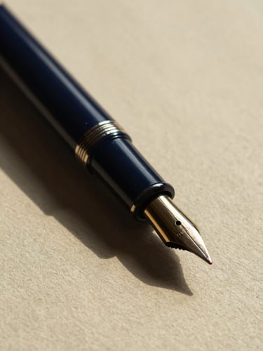Macro close-up of a premium fountain pen resting on heavy textured cotton paper, warm golden-hour side-lighting, rich navy shadows, editorial interior photography style