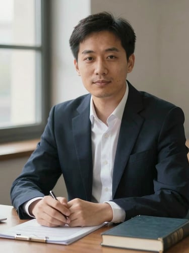 Warm editorial portrait of a professional male translator in a dark navy suit, sitting at a wooden table with reference books, soft window light, shallow depth of field
