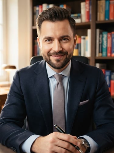 Professional close-up portrait of Kamil Wiśniewski, a male German language expert in his late 30s, wearing a dark tailored suit, looking directly at the camera with a confident, welcoming expression, warm high-end studio lighting, shallow depth of field, modern study environment with books in the background.