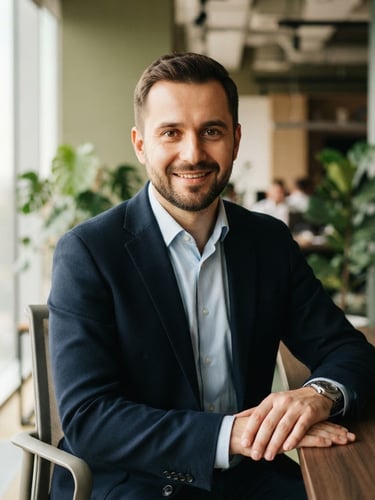 Professional, approachable portrait of Kamil Wiśniewski in a modern warm-toned office, looking directly at the camera, soft natural window light, muted corporate tones, shallow depth of field, 85mm lens