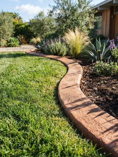 Low-angle architectural shot of a hand-finished terracotta concrete border curving elegantly along a lush green lawn, bright California morning light, sharp shadows, 35mm lens