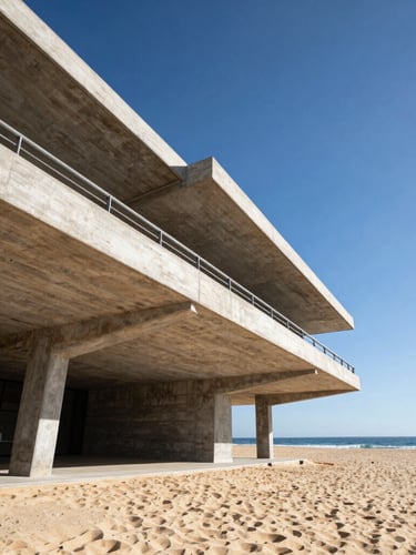 Dramatically framed architectural low-angle shot of a concrete and steel modern estate cantilevered over the Cabo coastline, bright daylight, high contrast shadows.