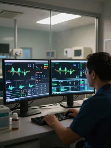 Wide-angle view from behind a physician reviewing multi-parameter ICU monitoring data on two large screens, dimly lit ward visible through glass partition in background, clinical fluorescent overhead lighting, focus on the screen data and the physician's silhouette