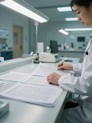 Wide shot from the right side of a clinical research workstation, a physician's hands spread across printed journal pages and data tables under cool fluorescent overhead light, a blurred ICU corridor visible through glass in the background, documentary framing