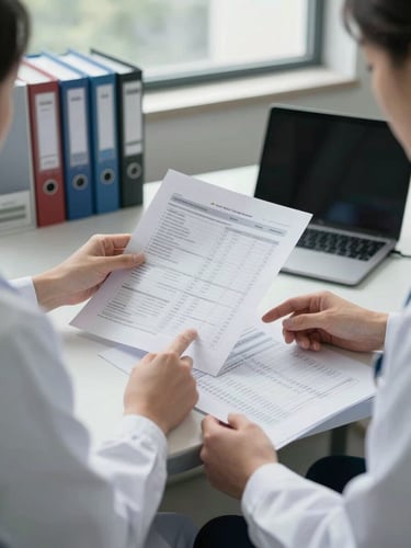 Medium-wide shot of two clinicians in white coats seated across a table reviewing printed journal articles together, clinical daylight from a north-facing window illuminating the papers, close focus on hands pointing to data tables, no faces visible, research environment with binders and a laptop in background