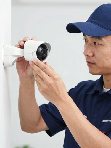 Medium close-up of a professional technician in a clean navy uniform installing a smart home security camera, bright natural daylight, sharp focus, vivid colors with deep blue accents