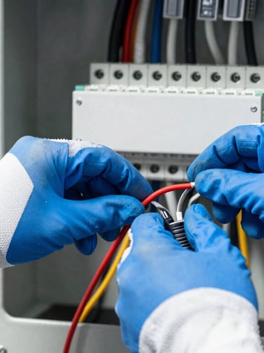 Close-up of hands in work gloves precisely wiring a modern electrical panel, bright daylight, clean tools, professional photography