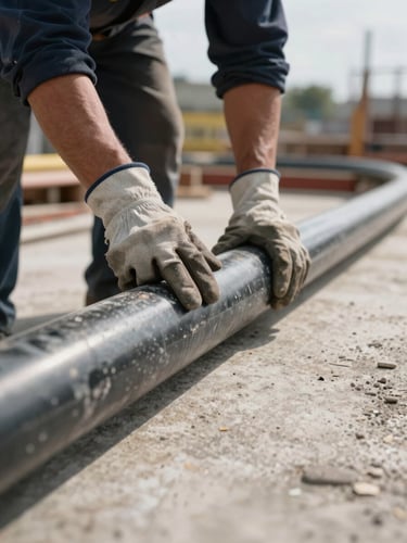 Tight frame looking down at a worker's gloved hands gripping a heavy cable conduit on a construction site, natural overcast morning light, concrete floor visible, hard shadows across knuckles, no faces visible
