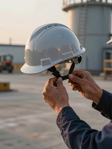 Tight documentary frame of a worker's hands fastening a hard hat chinstrap on a grey industrial site, early morning gold light cutting from the left, concrete floor visible below, no face, mid-task focus