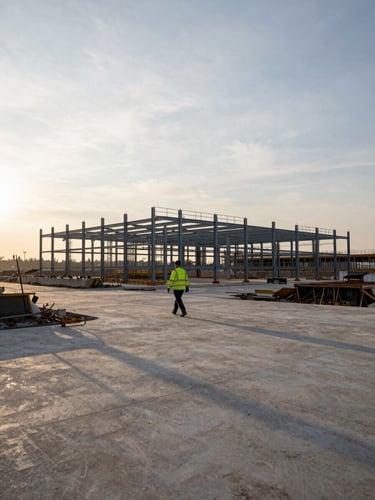 Wide environmental shot of a large commercial construction site at early morning, steel framework in background, a lone worker in high-vis walking toward the structure, long shadows across concrete, overcast sky with pale gold on the horizon