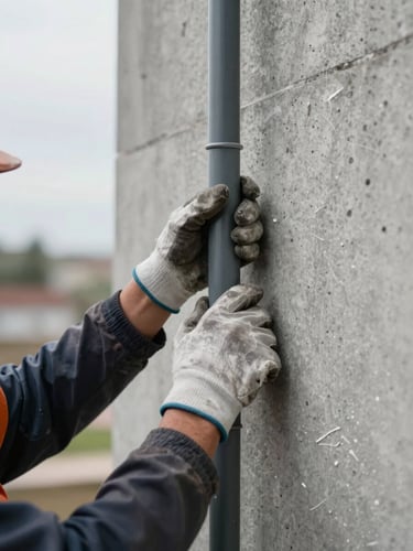 Tight close-up of a worker's gloved hands gripping a heavy electrical conduit on a grey concrete wall, mid-installation, natural overcast daylight from the left, hard shadow, no face visible, documentary detail shot