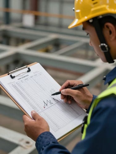 Close-up of a certified Thai crane operator in clean high-visibility PPE and safety helmet, reviewing a complex structural load chart on a clipboard, industrial background