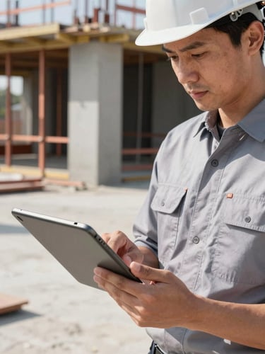 Close-up of a professional architect in clean modern workwear looking at a tablet on a bright, high-contrast concrete construction site, natural daylight, architectural copper details.