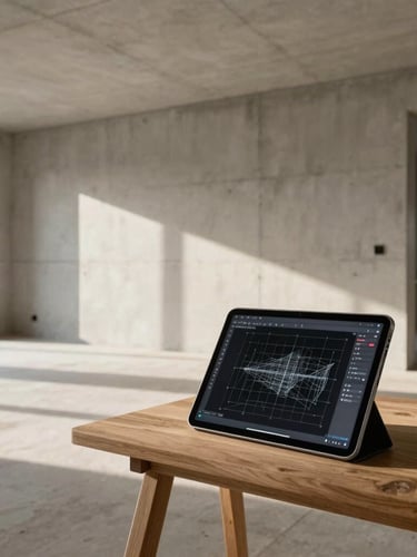 Wide-angle architectural portrait of a clean, minimalist concrete apartment interior under renovation, warm natural afternoon light casting long shadows, a modern digital tablet resting on a wooden trestle showing a precise wireframe overlay.