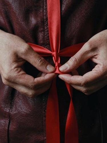 Moody editorial close-up portrait of hands tying a soft crimson silk rope with precision, low-key lighting, deep shadows, rich leather and textile textures, 35mm film grain.