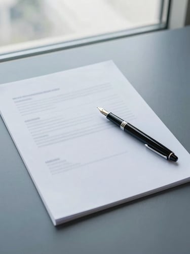 A clean overhead flat-lay of a premium corporate workspace, a fountain pen resting on crisp, structured white documents, soft overcast window light, 35mm lens.