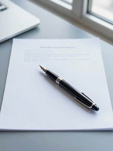 Overhead flat-lay of a structured corporate workspace, a fountain pen resting on a clean document, soft natural window light, cool blue and slate tones, sharp focus.
