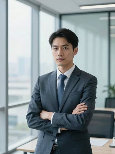 A medium environmental portrait of a focused corporate professional in a bright, modern glass-walled office, cool blue and slate tones, sharp focus, 35mm lens.
