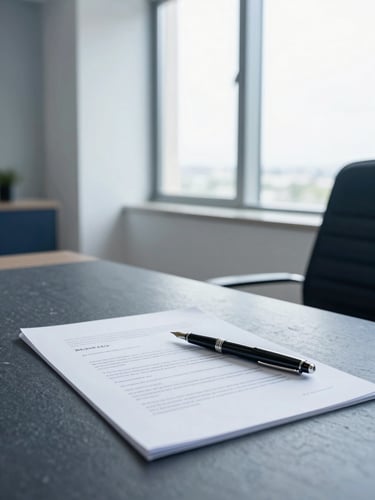 A high-end corporate workspace with structured architectural details, clean lines, soft natural daylight from a large window, a fountain pen resting on a neat contract document, cool slate and navy tones.