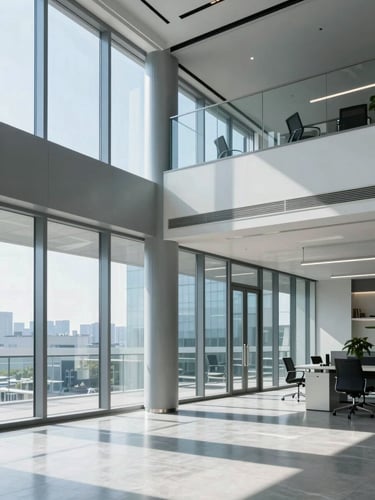 Bright, clean modern office interior with sharp architectural lines, soft daylight reflecting off steel and glass, 35mm photography