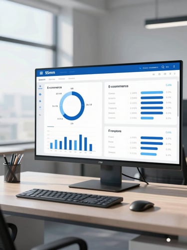 A clean modern office workspace with a bright digital dashboard displaying e-commerce analytics, natural morning light, cool blue tones.