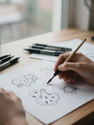 An illustrator's desk with ink pens, rough sketches of organic shapes, hands holding a brush, soft natural window light, authentic atmosphere