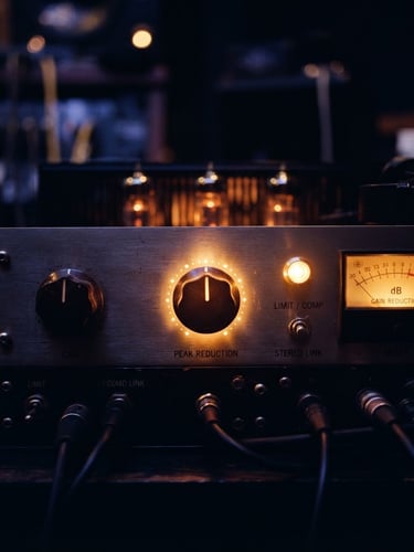 Close-up of analog tube compressor knobs glowing with warm amber light in a dark studio, shallow depth of field, cinematic 35mm film.