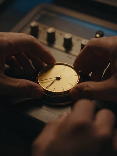 Close-up of hands adjusting a solid gold dial on a vintage analog console, soft warm amber backlighting, shallow depth of field, moody studio atmosphere.
