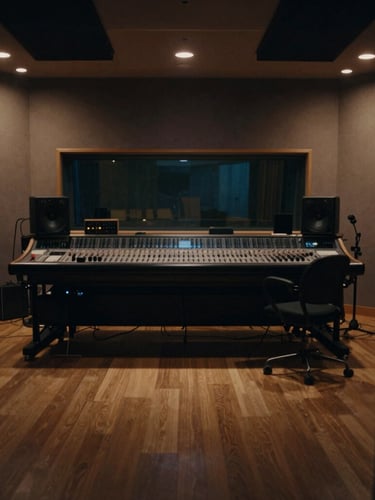 Wide atmospheric shot of an empty, acoustically treated recording studio tracking room, low-key indigo shadows, warm amber LED accents, cinematic 35mm film.