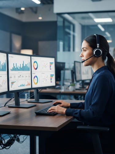 Agente de call center enfocado con auriculares profesionales y pantallas mostrando gráficos de ventas, en un entorno de oficina moderno con iluminación limpia, tonos azulados y neutros, vista de perfil.
